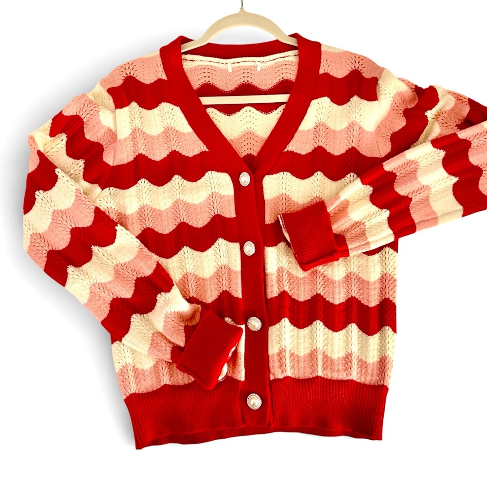 Women's Red and Cream Striped Button Cardigan Sweater